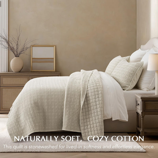 Stonewashed Cotton Waffle Quilt Set with Pillow Shams