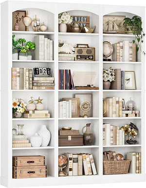 6-Tier Triple Wide Bookcase with Arched Design, 18 Open Shelves