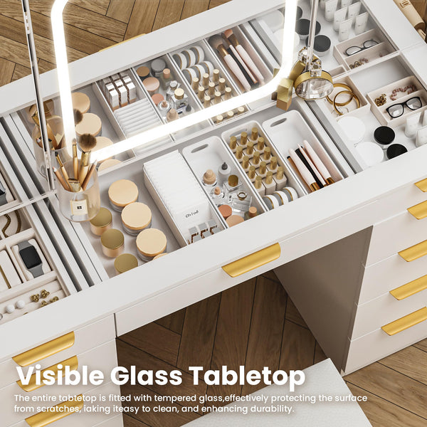 11-Drawer Vanity Desk with Foldable Mirror & LED Lights