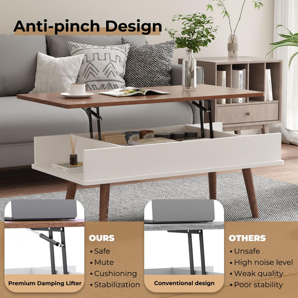 VYRIVA Lift Top Coffee Table, One Minute No Assembly Required Rising Tabletop Center Table with Large Hidden Storage Compartment, Open Shelf, Anti-Pinch Design Mute for Living Room (Walnut)