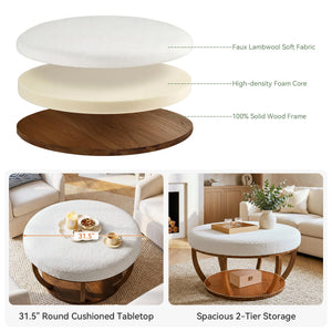 Round Storage Ottoman Coffee Table with Wood Base