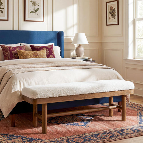 55" Upholstered Bedroom Bench with Faux Shearling Cushion