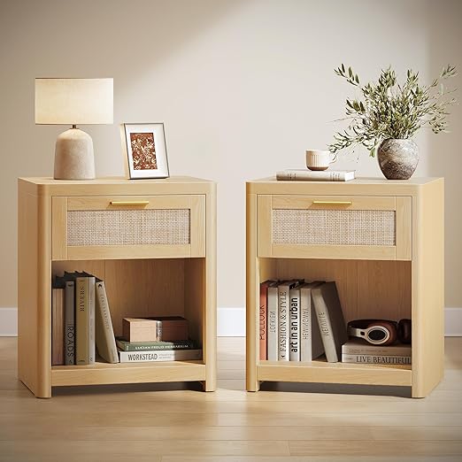 Boho Nightstands with Rattan-Look Drawer, Set of 2