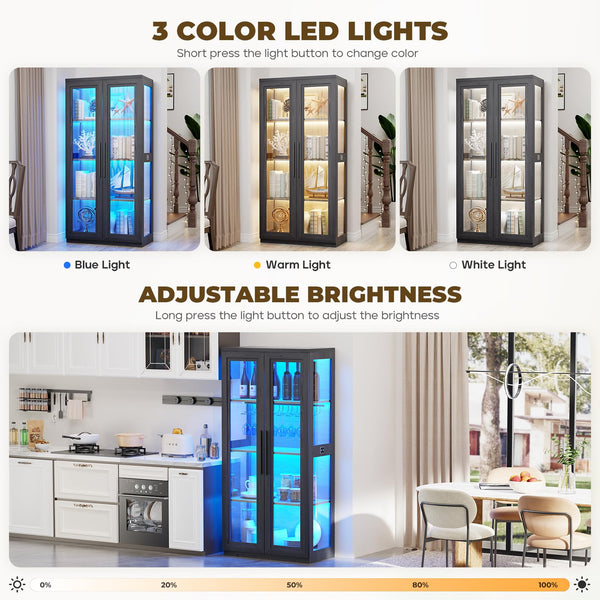 Glass Door Display Cabinet with LED Lights and 4 Shelves