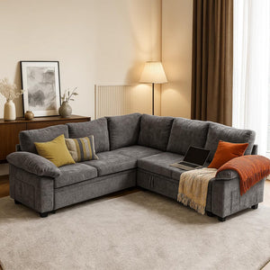 L-Shaped Sectional Sofa Bed with Storage – 5-Seat Convertible Sleeper Sofa