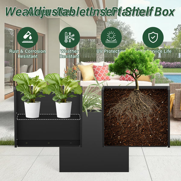Tall Metal Rectangular Planter Box with Drainage Holes & Removable Shelf