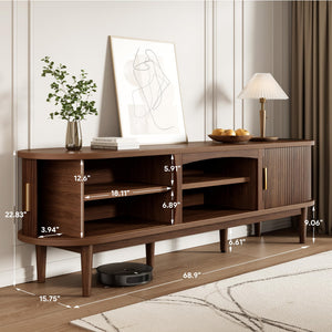 Mid-Century TV Stand with Power Outlets & Fluted Sliding Doors
