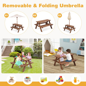 Kids Outdoor Wooden Picnic Table Set with Umbrella