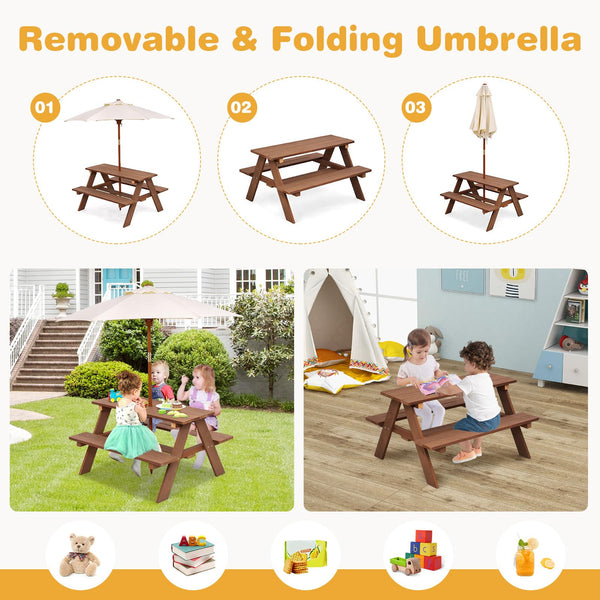 Kids Outdoor Wooden Picnic Table Set with Umbrella