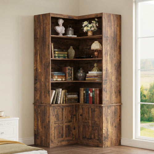 6-Tier L-Shaped Corner Bookshelf with Storage Cabinet