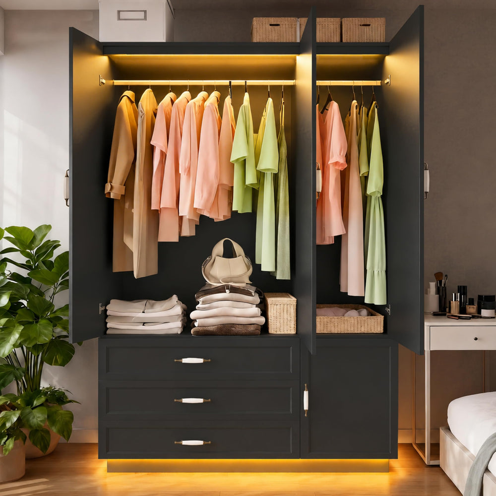 72" 3-Door Wardrobe with LED Light & Drawers