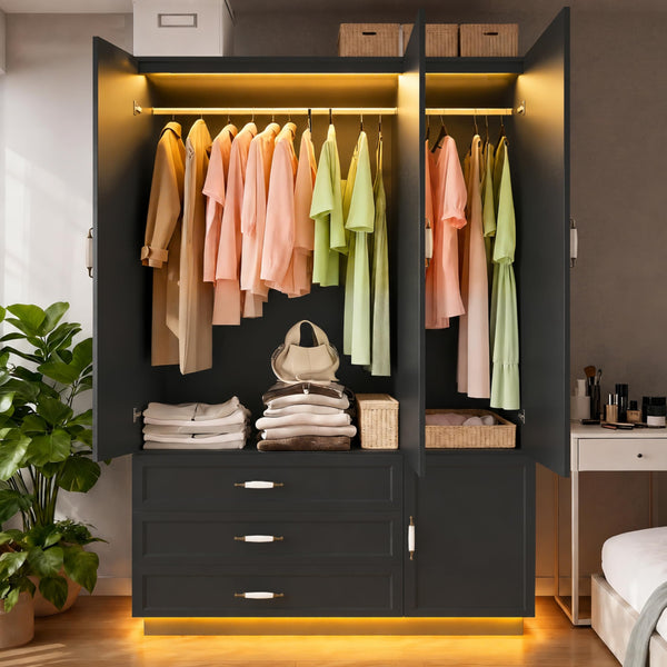 72" 3-Door Wardrobe with LED Light & Drawers