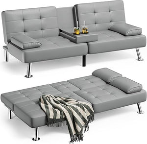 Convertible Futon Sofa Bed with Adjustable Backrest & Cup Holders