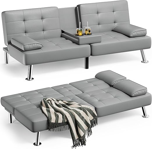 Convertible Futon Sofa Bed with Adjustable Backrest & Cup Holders