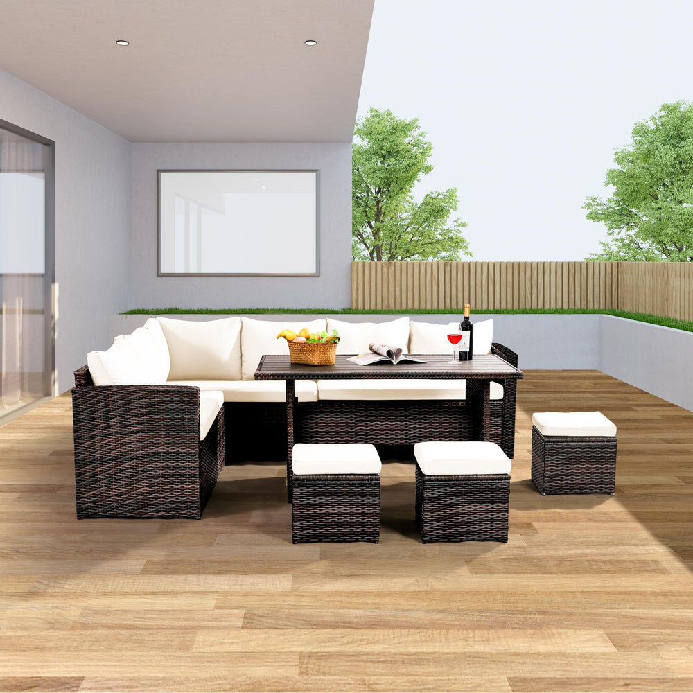 7-Piece Outdoor Wicker Patio Dining Set with Ottoman
