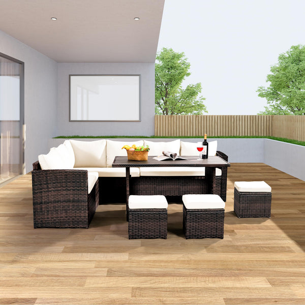 7-Piece Outdoor Wicker Patio Dining Set with Ottoman