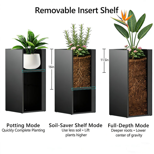 Tall Metal Outdoor Planter with Removable Shelf — 14"L x 14"W x 30"H, Black (Set of 2)