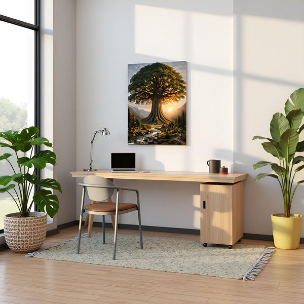 Framed Tree Landscape Mountain Sunrise Canvas Wall Art