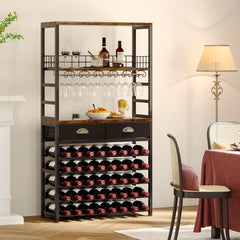 6-Tier Freestanding Wine Rack Cabinet with Drawer and Glass Holder