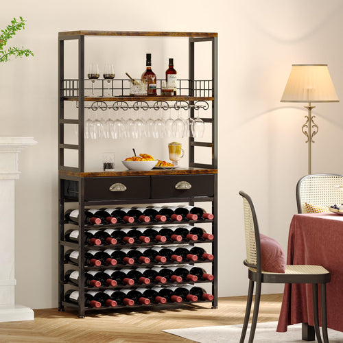 6-Tier Freestanding Wine Rack Cabinet with Drawer and Glass Holder