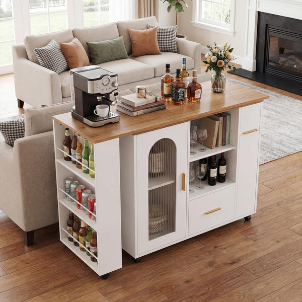Rolling Kitchen Island with Extendable Table & Storage