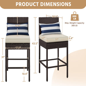 Outdoor PE Rattan Bar Stools with Cushions & Footrests