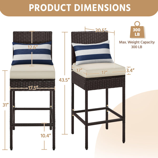 Outdoor PE Rattan Bar Stools with Cushions & Footrests
