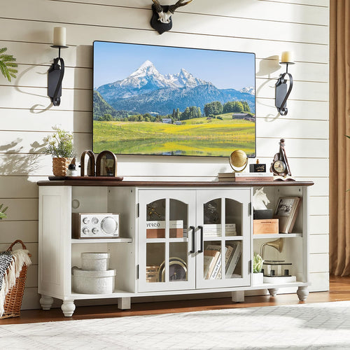 Farmhouse TV Stand with Glass Doors & Storage