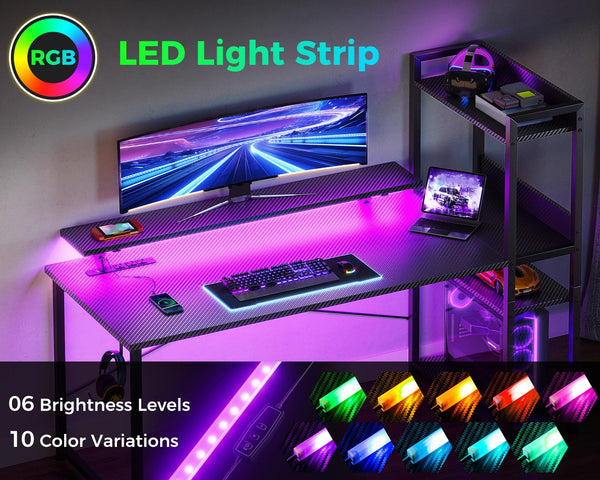 LED Gaming Desk with Storage Shelves & Monitor Stand