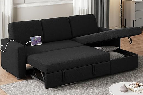 L-Shaped Sleeper Sectional Sofa with Pull-Out Bed, Storage & USB Charging