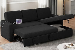 L-Shaped Sectional Sleeper Sofa with Pull-Out Bed, Chaise Storage & USB Charging