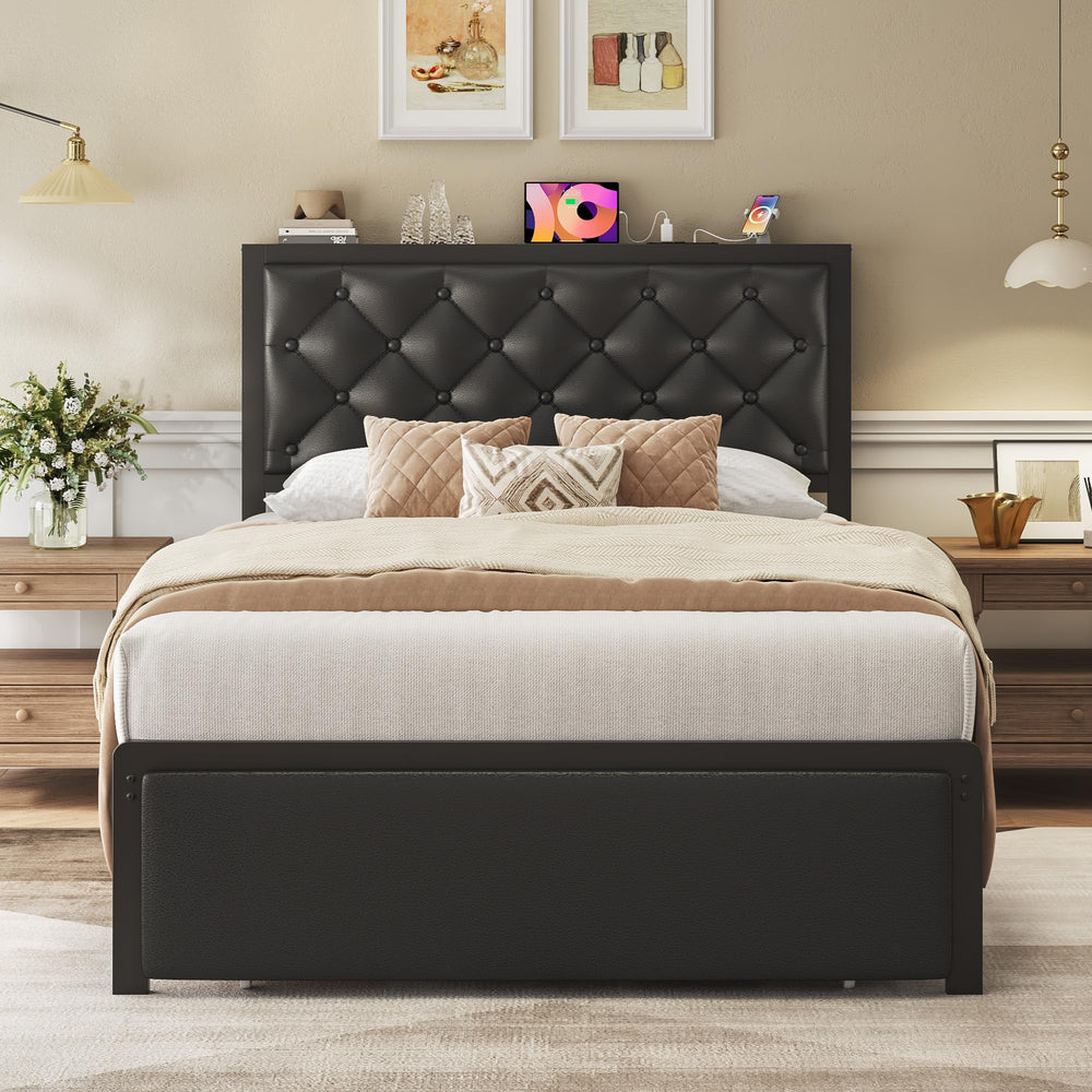 Metal Platform Bed Frame with Storage Drawers & Charging Station