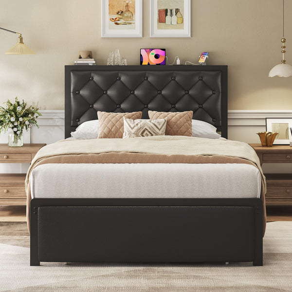 Metal Platform Bed Frame with Storage Drawers & Charging Station