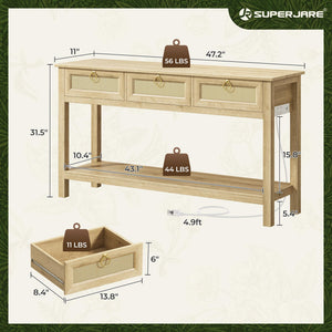 Rattan Console Table with Charging Station & 3 Drawers