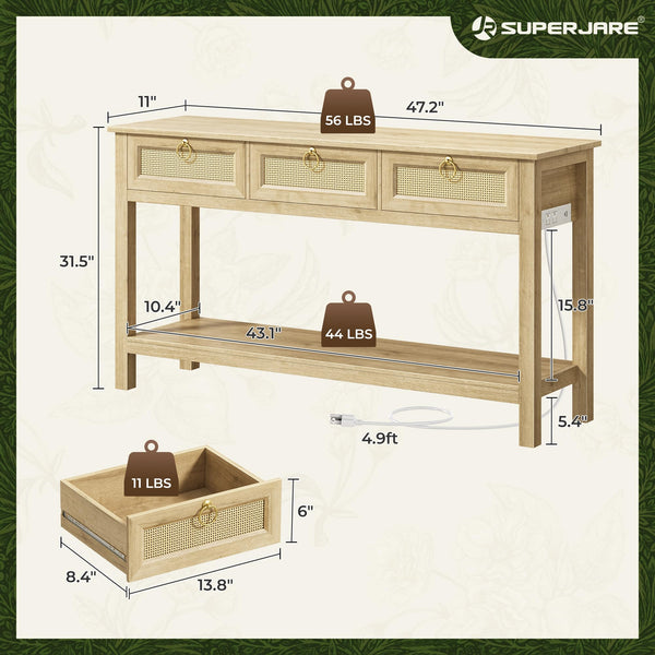 Rattan Console Table with Charging Station & 3 Drawers