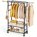 Rolling Garment Rack with Double Rod, Lockable Casters & Mesh Shelf