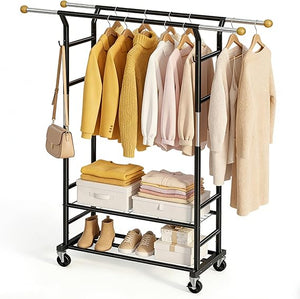 Rolling Garment Rack with Double Rod, Lockable Casters & Mesh Shelf