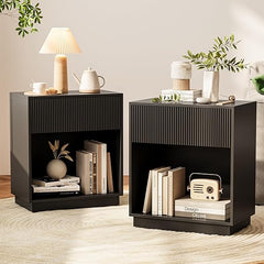 Modern Fluted Nightstand Set of 2 with Drawer and Open Shelf