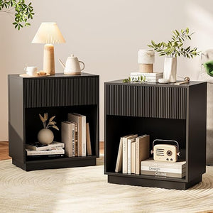 Modern Fluted Nightstand Set of 2 with Drawer and Open Shelf