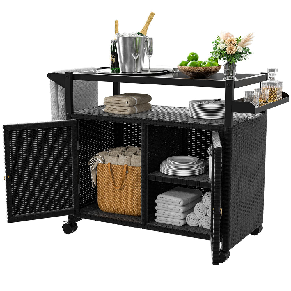 Outdoor Wicker Bar Cart with Cabinet & Tempered Glass Top