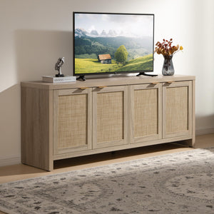 Boho TV Stand with 4 Rattan Cabinets – Farmhouse Entertainment Center, Fits TVs up to 65 Inch