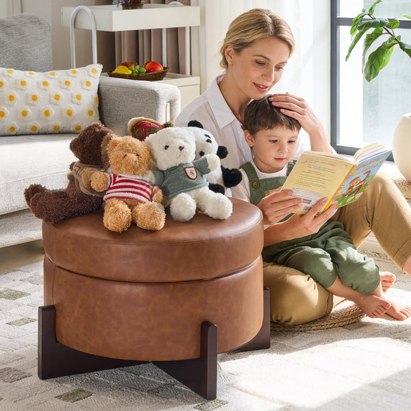 Round Storage Ottoman with Hidden Storage | PU Leather Footrest Stool
