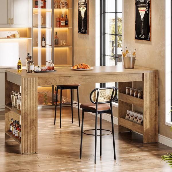63-Inch Farmhouse Bar Table with Storage Shelves