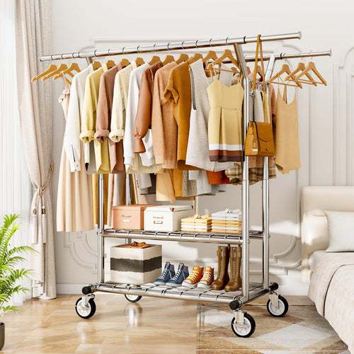 Heavy Duty Rolling Clothes Rack with Shelves