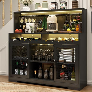 Wine Bar Cabinet with LED Light & Glass Holder