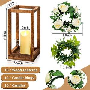 Wood Lantern Wedding Centerpiece Set with LED Candles & Eucalyptus Wreaths – 10 Sets