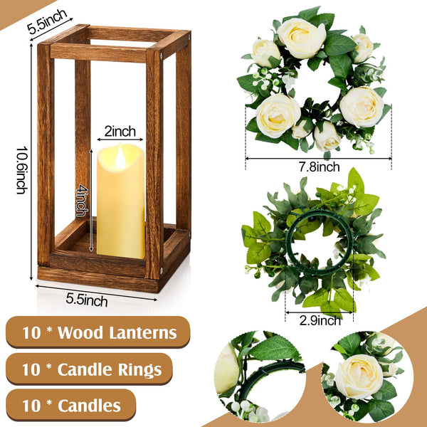 Wood Lantern Wedding Centerpiece Set with LED Candles & Eucalyptus Wreaths – 10 Sets