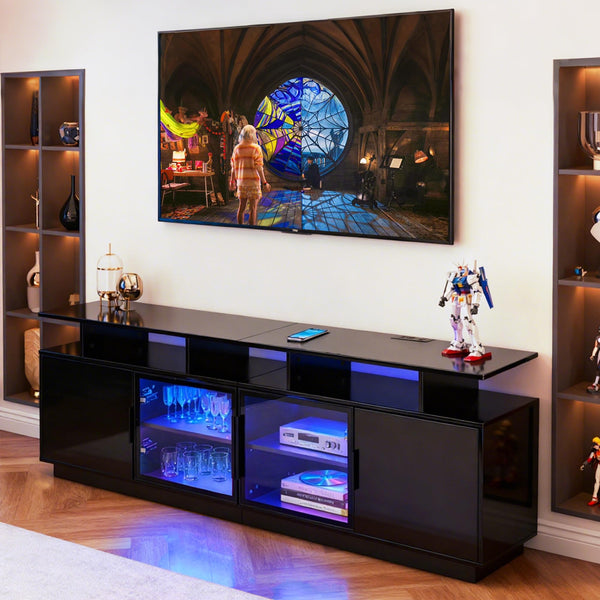 70-Inch Black TV Stand with LED Lights & Glass Doors