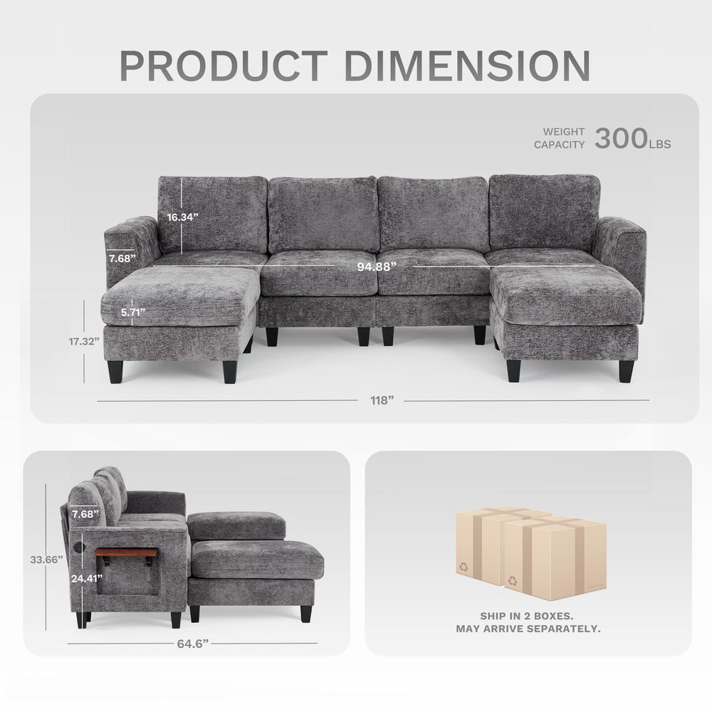118" Modular Sectional Sofa with Ottomans, USB Ports & Foldable Side Table