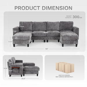 118" Modular Sectional Sofa with Ottomans, USB Ports & Foldable Side Table